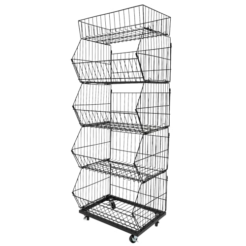Metal Retail Display Rack | 5 Tiers Market Shelf with 4 Pulleys | Wire Grid Retail Display Stand | Fruit Vegetable Snack Basket | Snack Candy Display Rack | Snack Organizer for Store - color: Black, size: 18.9*17.72*55.12in