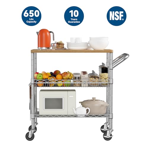 WDT 3 Tier Rolling Kitchen Carts with Wheels, Heavy Duty Rolling Utility Cart with Wood Tabletop, Commercial Grade Metal Cart with Handle and Hooks, NSF Storage Serving Island Carts, Light Wood+Metal - color: Light Wood+metal-3 Tier