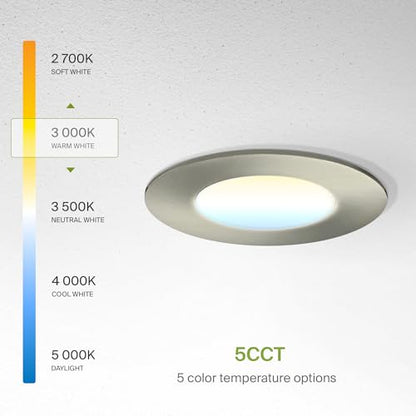 ASD 6 Pack 3 Inch LED Recessed Light 6W, 5 CCT 2700K-5000K CRI90+, IC Rated Ultra Thin Dimmable Ceiling Lights with J Box, Canless Wafer Downlight, Round Slim Panel Lighting, Energy Star ETL, Nickel - color: Nickel, size: 3 Inch 6 Pack