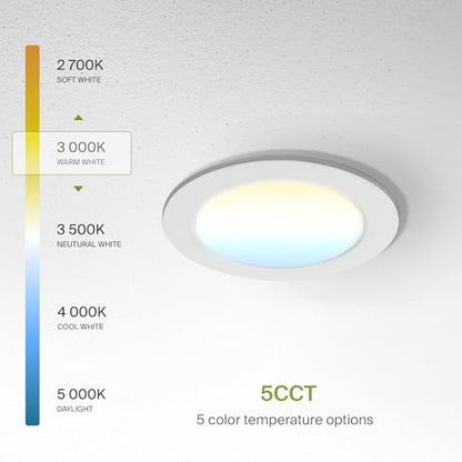 ASD 6 Pack LED Recessed Lighting 4 Inch 9W, 5 CCT 2700K-5000K CRI90+, IC Rated Ultra Thin Dimmable Ceiling Lights with J Box, Canless Wafer Downlight, Round Slim Panel Light, Energy Star ETL, White - color: White, size: 4 Inch 6 Pack