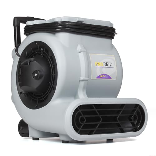 ProTeam ProBlitz XP Air Mover Blower Floor Fan Stackable with Daisy Chain, 3 Speeds, 3 Adjustable Angles, Telescoping Handle and Wheels for Water Damage, Restoration, Commercial, Janitorial, Plumbing