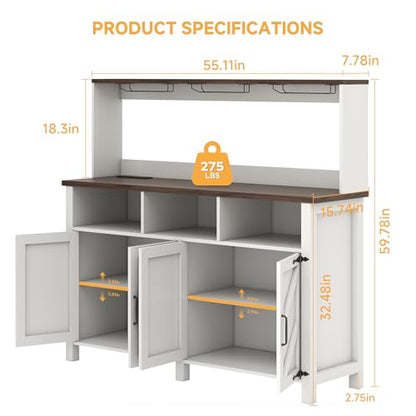 knoworld Buffet Sideboard with Storage Hutch with Power Outlet 4 Doors, Large Farmhouse Kitchen Storage Cabinet Wood Coffee Bar Cabinet with Cup Holder & Hooks for Kitchen, Dining Room,55"W White Rack