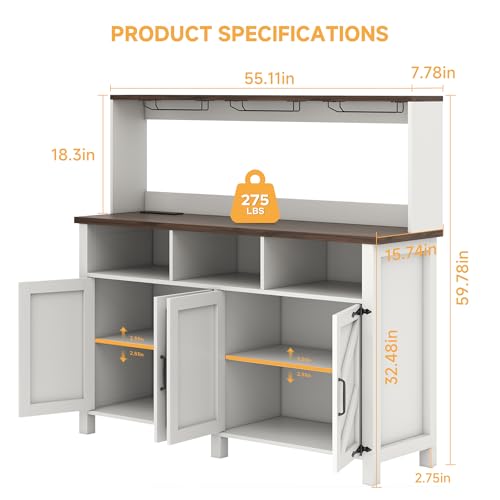 knoworld Buffet Sideboard with Storage Hutch with Power Outlet 4 Doors, Large Farmhouse Kitchen Storage Cabinet Wood Coffee Bar Cabinet with Cup Holder & Hooks for Kitchen, Dining Room,55"W White Rack