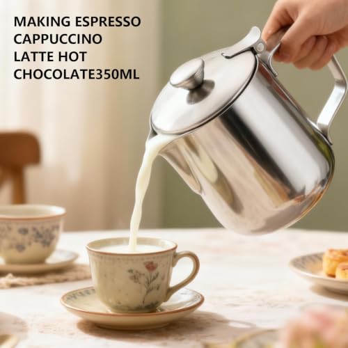 Stainless Steel Milk Frothing Pitcher with Lid 350ml, Coffee Frother Cup for Espresso Cappuccino Latte Hot Chocolate, Dripless Pour Spout Ergonomic Handle for Home Office Cafe Kitchen
