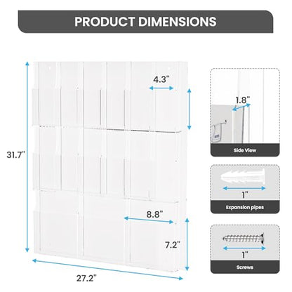 Acrylic Brochure Holder Wall Mount – 3 Magazine Racks & 12 Trifold Pamphlet Holders, Clear Literature Organizer for Office, Home, School, Clinic, Retail - Wall Mounted Flyer Display Rack, Transparent