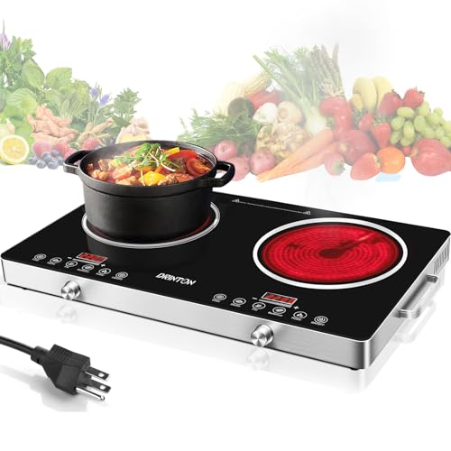 2 Burner Electric Cooktop, 2200W+2200W 110V Electric Double Burner with 3H Timer, Adjustable Temperature for Countertop Cooking, Portable Stove Top Infrared Cooker, Compatible for All Cookware