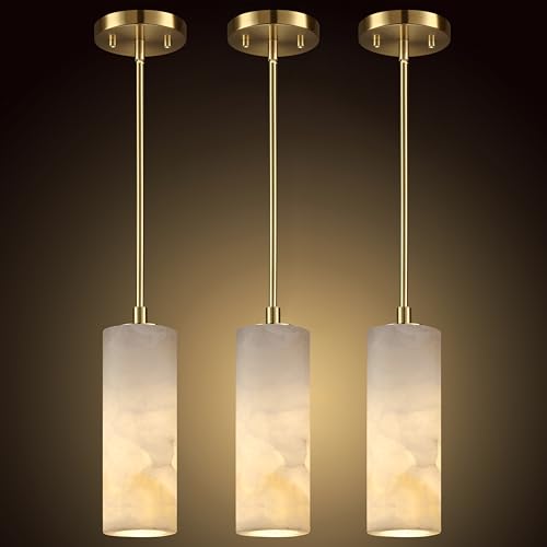 3 Pack 1 Light Hanging Natural Polyhedral Alabaster Marble Pendant Ceiling Light Fixture,Modern Industrial Farmhouse Kitchen Island Light Gold Finish Over Sink Restaurant bar Corridor - color: Gold 3.6" Polyhedral Marble, size: 3 Pack