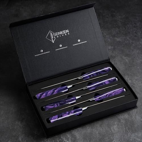 SENKEN Professional 6-Piece Steak Knife Set with Engraved Damascus Pattern, Razor Sharp Blade, High Carbon Steel with Gift Box (Purple) - color: Amethyst Purple