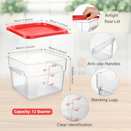 Suclain 2 Pcs Square Food Storage Container Polycarbonate Clear Food Container with Lid Commercial Rice Storage with Graduations for Commercial Kitchen(12 Qt,Red) - color: Red, size: 12 Qt