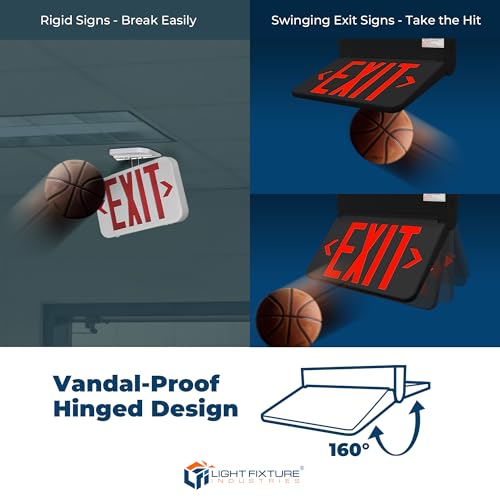 LFI Lights® Swinging LED Exit Sign with Vandal-Proof Hinged Design, UL 924 Listed, Self Testing, Red LED, White, High-Impact Housing, 120-277VAC Hardwired with Battery Backup, Optional Double Face and Knock Out Arrows, LEDSWRWST (1, Black, Remote Capable/