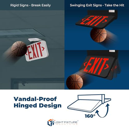 LFI Lights® Swinging LED Exit Sign with Vandal-Proof Hinged Design, UL 924 Listed, Self Testing, Red LED, White, High-Impact Housing, 120-277VAC Hardwired with Battery Backup, Optional Double Face and Knock Out Arrows, LEDSWRWST (1, Black, Remote Capable/