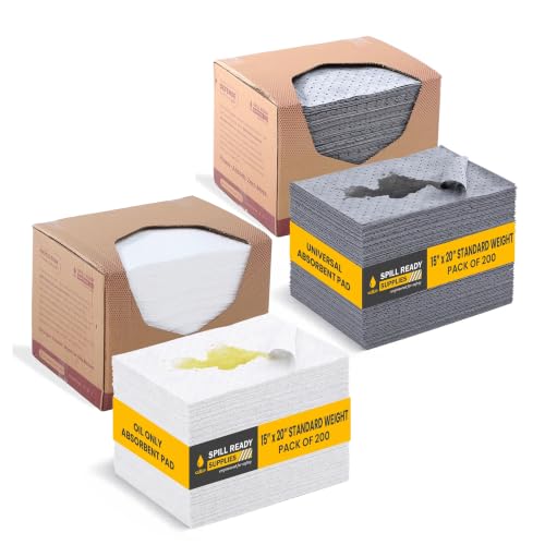 Spill Ready Universal & Oil Only Absorbent Pads Bundle 15" x 20" - 400 Pads Total, 200 Gray Universal + 200 White Oil Only, 2mm Standard Weight Sorbent Mats for Industrial Spill Cleanup