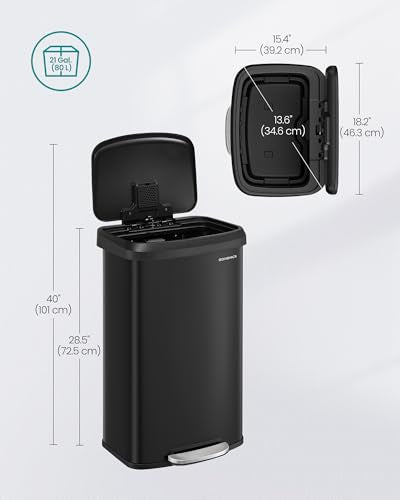 SONGMICS Kitchen Trash Can, 21 Gallon (80 L) Stainless Steel Garbage Can, with Stay-Open Lid and Step-on Pedal, Soft Closure, Tall, Large and Space-Saving, Black ULTB534B01 - color: Black, style: 21 Gallons