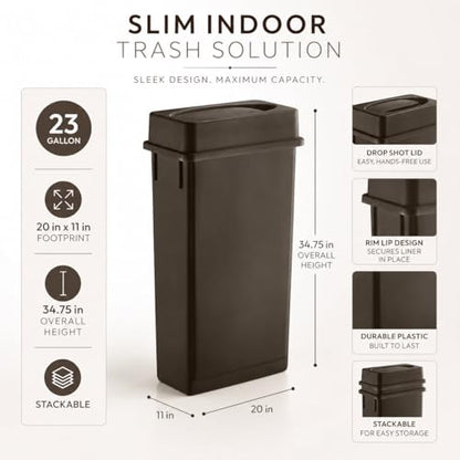23 Gallon Slim Rectangular Commercial Trash Can, Heavy Duty Plastic Indoor Waste Bin for Kitchen, Office, Restaurant, School, Restroom & Janitorial Use (Brown, with Lid) - color: Brown