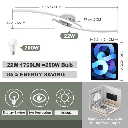 31.4Inch Modern LED Ceiling Light 22W Chrome Linear Ceiling Light Fixture 6000K Aluminum Long Flush Mount Ceiling Lights Fixture Lamp for Bedroom Hallway Kitchen Bathroom - color: Chrome,Intersect, size: 31.49Inch