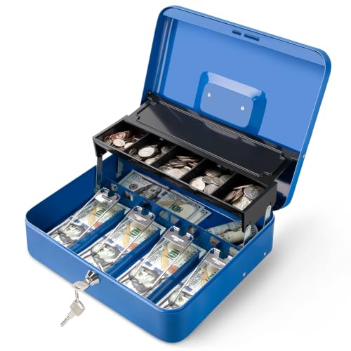 Jssmst Metal Cash Box with Money Tray and Lock, Portable Cash Drawer, 11.8" - color: Blue Key-C