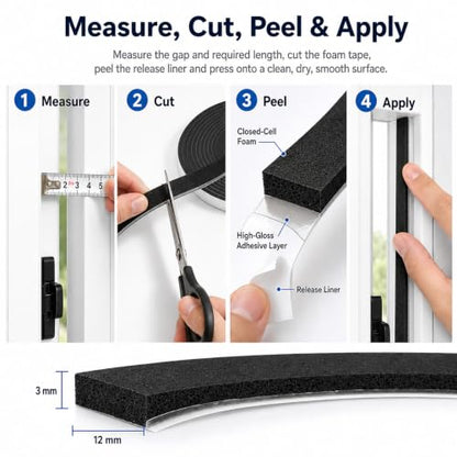 Weather Stripping Foam Tape 2 Rolls (1/2 in x 1/8 in x 16.4FT), Self Adhesive Door Seal for Small Gaps, Window Insulation, Draft Stopper Foam Strip Total 32.8 FT - size: 1/2in x 1/8in x 32.8FT