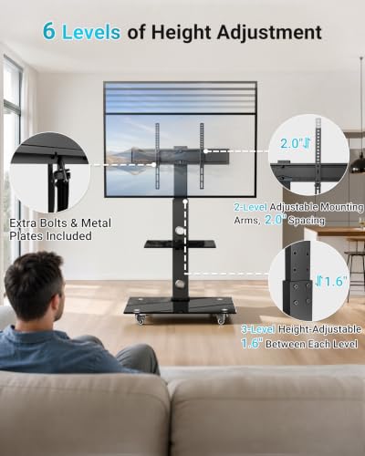 BONTEC Rolling TV Stand for 30-75 Inch TVs, Mobile TV Cart with Wheels - color: Black, size: 30-75 IN