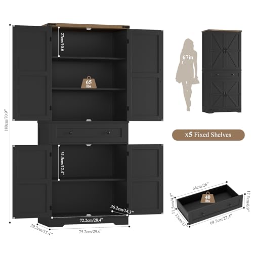 HOSTACK 71" Kitchen Pantry Storage Cabinet, Farmhouse Pantry Cabinet, Black - color: Black