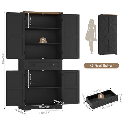 HOSTACK 71" Kitchen Pantry Storage Cabinet, Farmhouse Pantry Cabinet, Black - color: Black