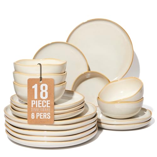 Pokini Stoneware Dinnerware Sets for 6, 18Pcs Ceramic Plates and Bowls Sets - color: Yellow White, size: Set (18pcs)