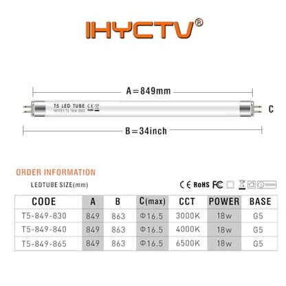 IHYCTV F21T5 Replacement LED Tube T5, 18W, 34 inch, 2050lm, 6500K / 865 / Daylight White, 140 Degrees, G5, Plug and Play LED Fluorescent Replacement Tube (Eq to 39W CFL), Frosted, 1 piece