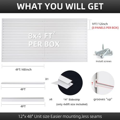 FRAYSCENT Slat Wall Paneling Garage Wall Organizer, Slatwall Panels Garage Tool Organizer Wall Mount Garage Slat Wall Storage Systems, Slat Board PVC Wall Panels Garage Storage (White, 8ftx4ft) - color: White, size: 8x4ft