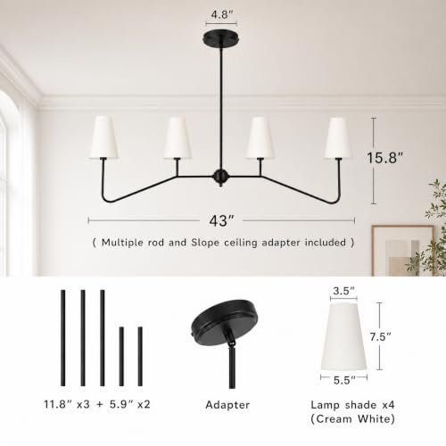 43" W 4-Light Linear Chandelier,Black Kitchen Island Pendant Lighting with White Fabric Shades,Adjustable Height Modern Dining Room Light Fixture,E12 for Kitchen Dining Room Foyer - color: 4 Light-Black