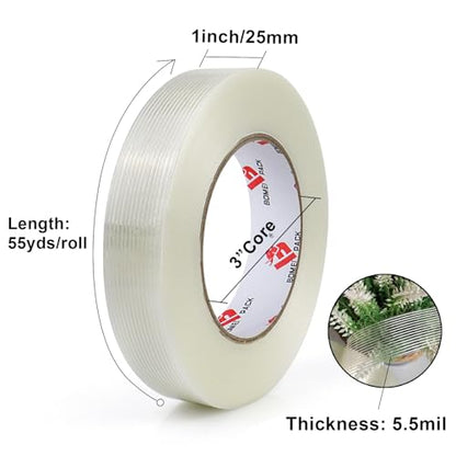 BOMEI PACK Mono Filament Tape,Strapping Tape,Fiberglass Filament Tape Transparent Reinforced Heavy Duty Packing Strips for Shipping Sealing Binding Fixing 1 inch x 55 Yards - size: 1 inch x 55 yards