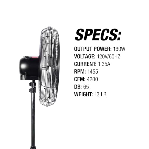 OEMTOOLS OEM24871 20" Oscillating Pedestal Fan, Adjustable Height for Garage, Shop, Gym, Warehouse 4500 CFM Airflow, 3-Speed Enclosed Motor, 5 Aluminum Blades, Dust-Resistant Industrial Purpose - size: 20 Inch