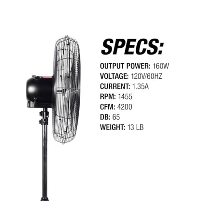 OEMTOOLS OEM24871 20" Oscillating Pedestal Fan, Adjustable Height for Garage, Shop, Gym, Warehouse 4500 CFM Airflow, 3-Speed Enclosed Motor, 5 Aluminum Blades, Dust-Resistant Industrial Purpose - size: 20 Inch