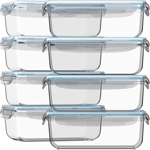 Razab 16 Pc (Set of 8) 30 Oz Glass Meal Prep Containers with Lids, Airtight Large Glass Food Storage Containers, Reusable Leak Proof BPA Free, Freezer to Oven and Dishwasher Safe - color: Blue