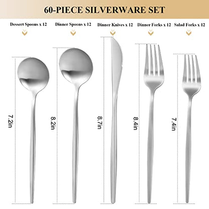 MIKIWAY 60-Piece Silverware Set for 12, Stainless Steel Flatware, Matte Cutlery Tableware, Kitchen Utensils Include Spoons and Forks, Satin Polished, Dishwasher Safe - color: Silver