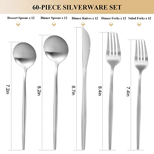 MIKIWAY 60-Piece Silverware Set for 12, Stainless Steel Flatware, Matte Cutlery Tableware, Kitchen Utensils Include Spoons and Forks, Satin Polished, Dishwasher Safe - color: Silver