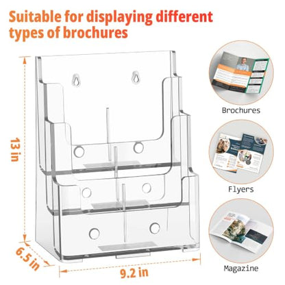 FUCDTEFC 2 Pack Acrylic Brochure Holder 8.5x11 & 4 x9 Inches Universal, Clear 3 Tier Magazine Stand Brochure Display Stand w Removable Divider, Literature Flyer Holder for Wall Mount or Countertop - size: 2 Pack 3-Tier Brochure Holder