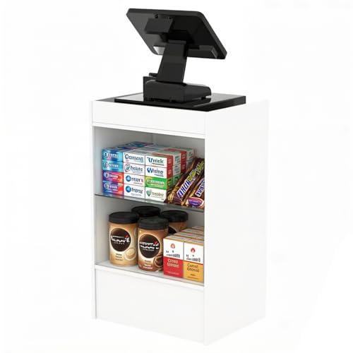 24" W x 18" D x 38" H - White Retail Cash Register Stand Cash Wrap Checkout Desk Portable Counter Podium Stand with Glass Shelving Case for Retail Store, Meetings Reception - color: White