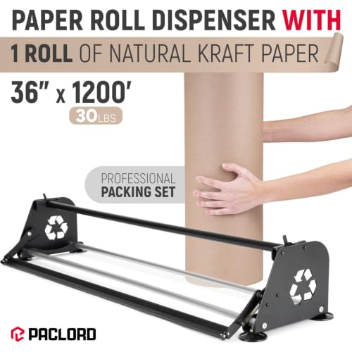 36" Paper Dispenser with Cutter + 30 lb Natural Brown Kraft Paper Roll - color: 1 Roll + Dispenser, size: 36" x 1200' 30 Lb