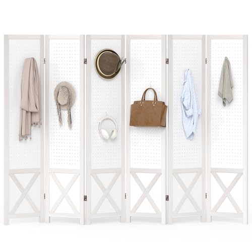 Giantex 6 Panel Pegboard Room Divider, 5.6FT Folding Privacy Screen with Peg Board Storage, Solid Wood Frame Freestanding Room Divider Wall, Foldable Pegboard Display Stand for Retail, Craft Shows - color: White Wood Grain, size: 6 Panel (96"W x 67"H)