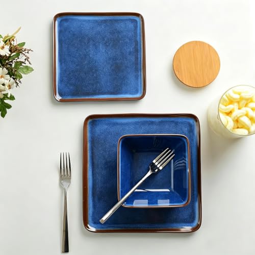Melamine Dinnerware Set, 12-Piece Blue Square Plates and Bowls for 4