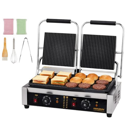 Bonnlo 813 Commercial Sandwich Make, 3600W Stainless Steel Countertop Panini Press Grill with Adjustable Temp 122°F–572°F, For Steak, Burgers, Home & Restaurant Use, 110V, Silver - size: 12.2"D x 22.2"W x 8"H