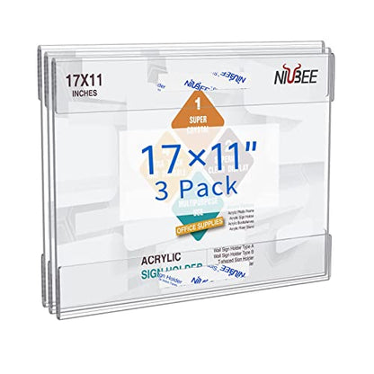 NIUBEE 11x17 Acrylic Sign Holder Wall Mount Horizontal Poster Frame 3 Pack - size: 11x17", style: Horizontal