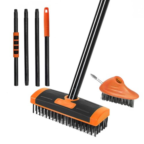 3 in 1 Scrub Brush with Long Handle – Your All-Purpose Deck Brush, Weeding Tool & Concrete Scrubber Tackle Patio Weeds, Floor Stains, Moss, and Rust with one Versatile Set. (Orange) - color: Yellow