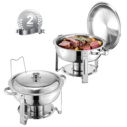 VEVOR Chafing Dish Buffet Set, 5 Qt 2 Pack, Stainless Steel Chafer with 2 Full Size Pans, Round Catering Warmer Server with Lid Water Pan Folding Stand Clip, for Weddings Parties Banquets, Silver - size: 2packs Silver