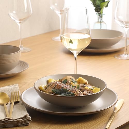 Gibson Home Chiswick House 16-Piece Stoneware Dinnerware Set, Round Plates and Bowls Set for 4, Beige with Wax Relief Embossed Rim Detail, Dishwasher Safe – Dinner Plate, Salad Plate & Cereal Bowl - color: Beige w/ Wax Relief Embossed Rim (Chiswick House)