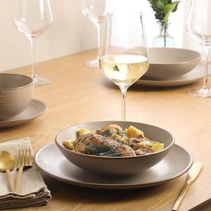Gibson Home Chiswick House 16-Piece Stoneware Dinnerware Set, Round Plates and Bowls Set for 4, Beige with Wax Relief Embossed Rim Detail, Dishwasher Safe – Dinner Plate, Salad Plate & Cereal Bowl - color: Beige w/ Wax Relief Embossed Rim (Chiswick House)