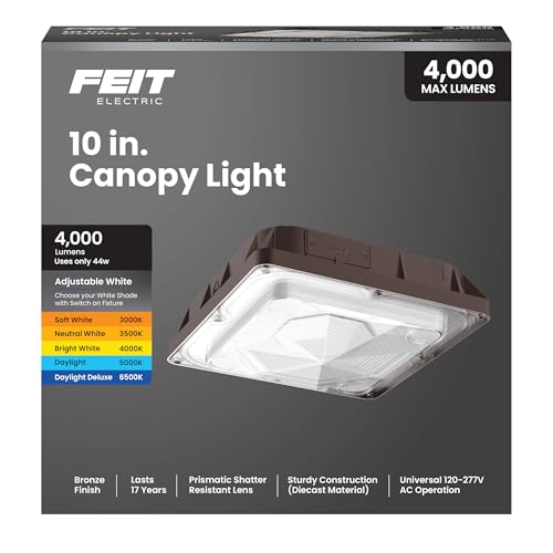 Feit Electric 10in LED Canopy Light, 5CCT Selectable, 4000 Lumens, 44W, Wet Rated Die-Cast Aluminum Housing, 50,000-Hour Lifetime, Bronze Outdoor Commercial Security Ceiling Fixture, S10CNPY/5CCT/BZ - color: 3000K-6500K White