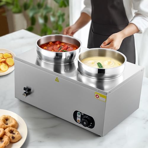 WILPREP Commercial Food Warmer with Two 7.4 QT Inserts, 1500W Countertop Electric Steam Table, 86-185°F Adjustable Temp Control & Over-Temp Protection, Stainless Steel - size: 7L*2