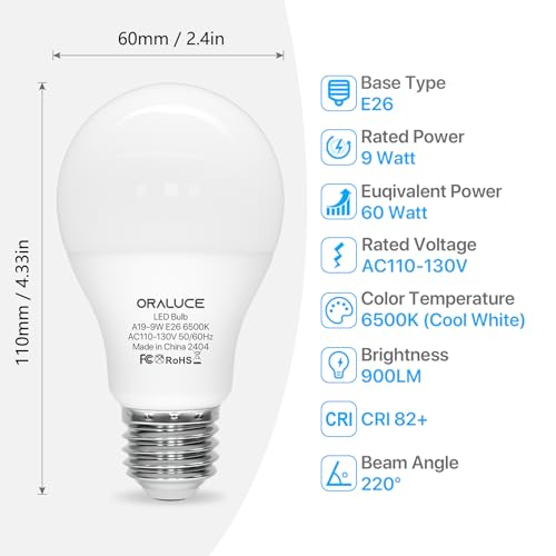 ORALUCE E26 LED Light Bulb 60 Watt, A19 9W 6500K Cool White, 12 Pack - color: Coolwhite, size: 12 Count (Pack of 1)