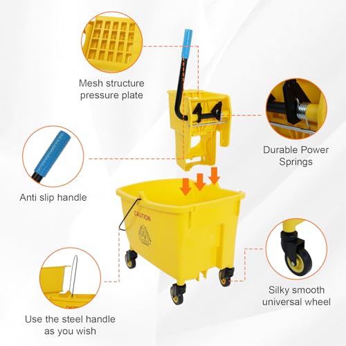 FAHKNS Commercial Mop Bucket with Wringer, 35 Quart Industrial Mop Bucket with Commercial Mop, [No Need to Change Water Frequently], Mop and Bucket Set
