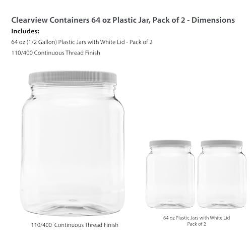 2 Pack - 64 oz (Half Gallon) Plastic Storage Jars with 110-400 Leak Proof White Lid, Food Grade, BPA Free, Hand Wash Only (64oz, 2pk) - size: 2pk - 64oz, White